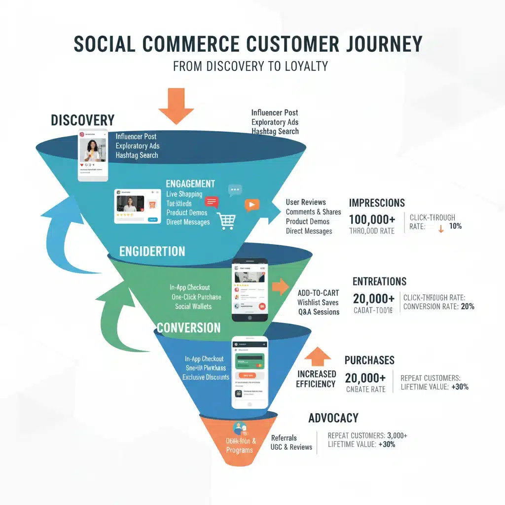 Social commerce customer journey funnel illustrating improved conversion rates.
