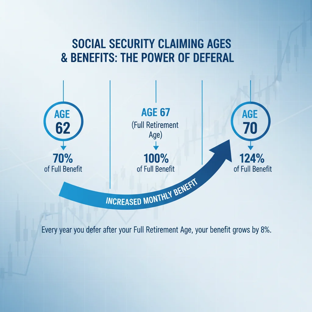 Timeline illustrating Social Security claiming ages and their impact on benefit amounts