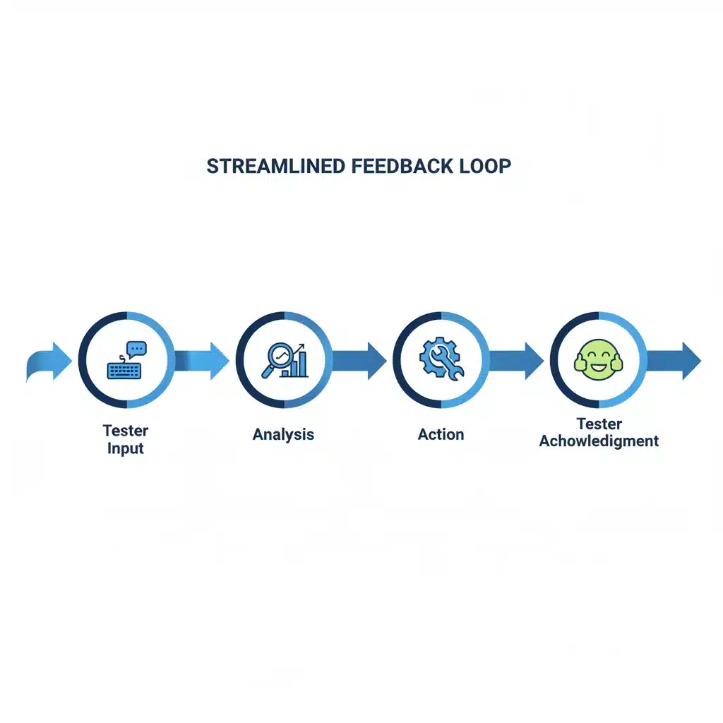 Streamlined feedback loop showing tester input, analysis, action, and acknowledgment.