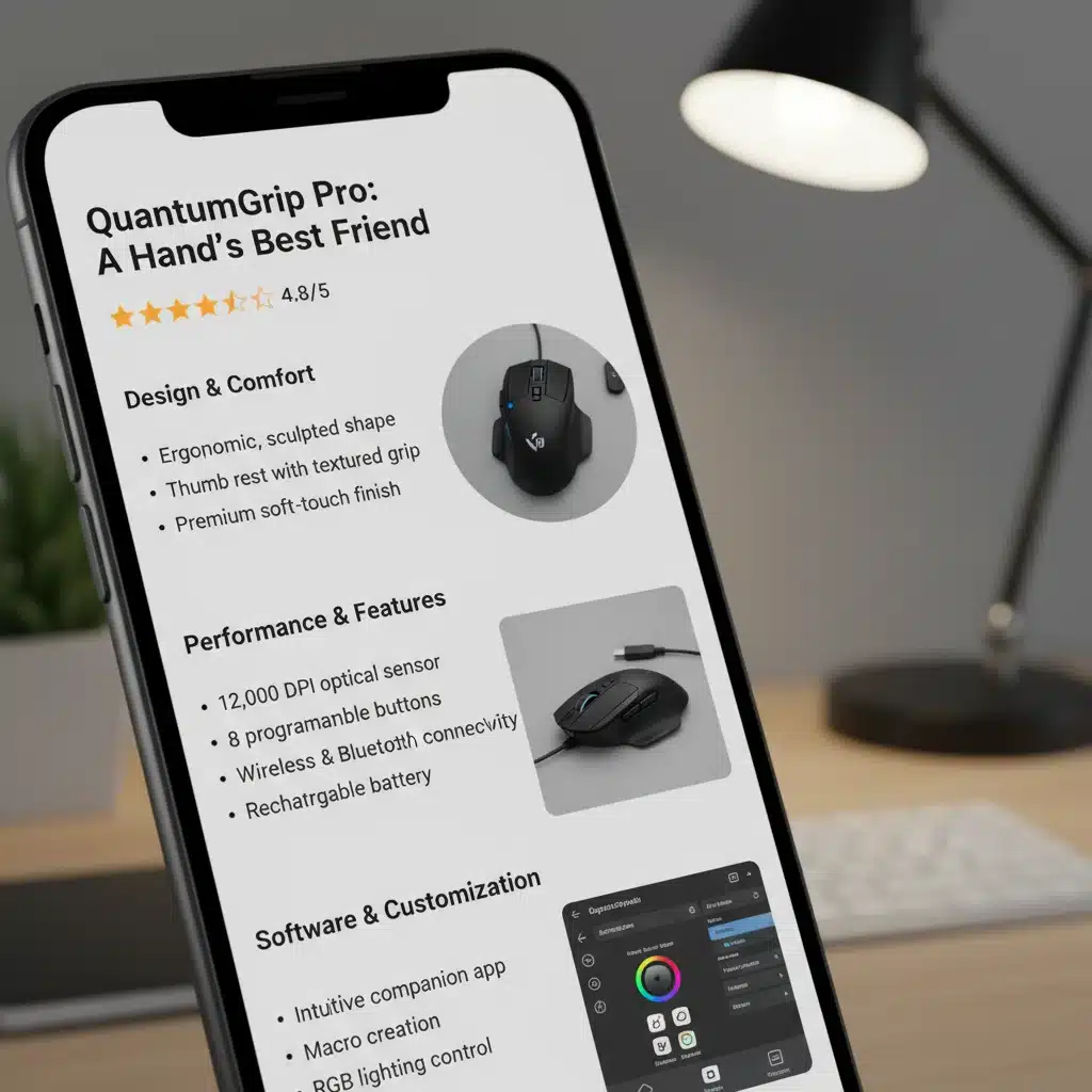 Smartphone displaying a structured product review