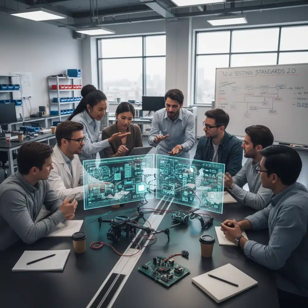 Diverse testing team collaborating on new product policy compliance