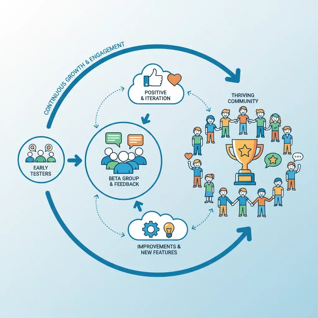 Infographic showing growth of a product testing community and feedback loops