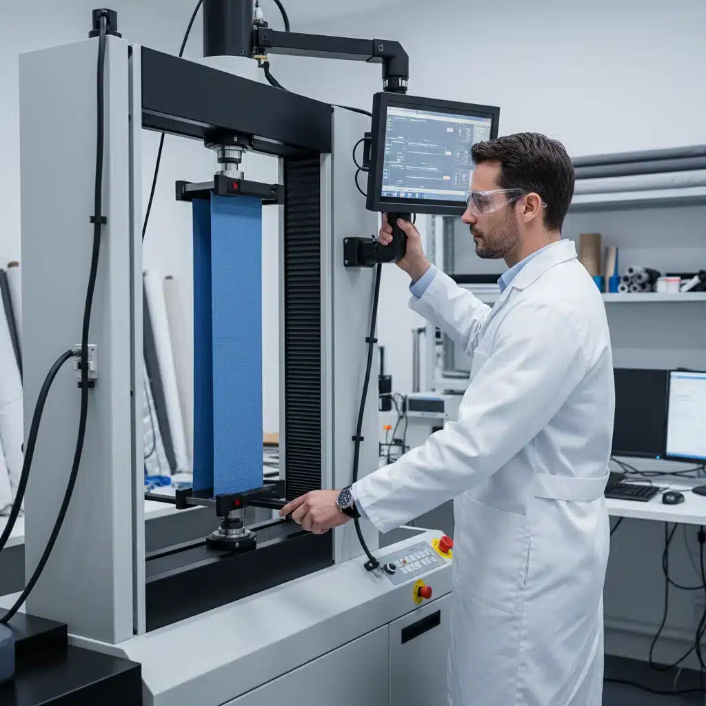 Textile engineer conducting tensile strength test on fabric in laboratory.