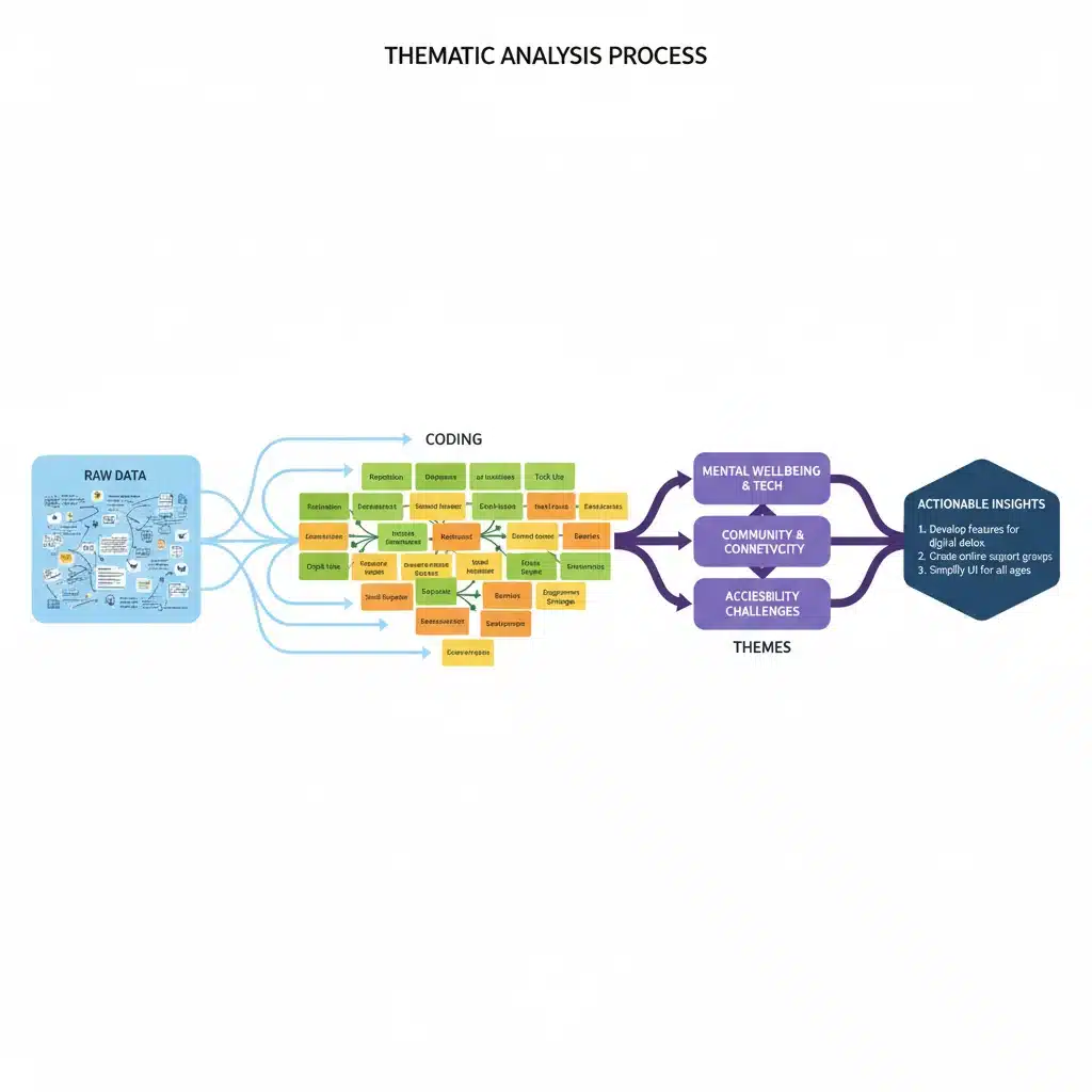 Infographic depicting the steps of thematic analysis from raw data to actionable insights.