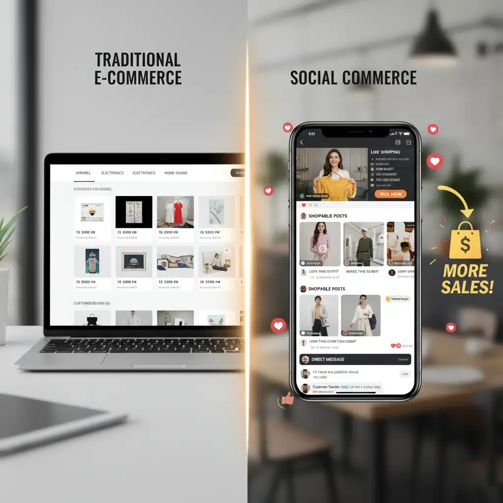 Comparison of traditional e-commerce versus interactive social commerce experiences.