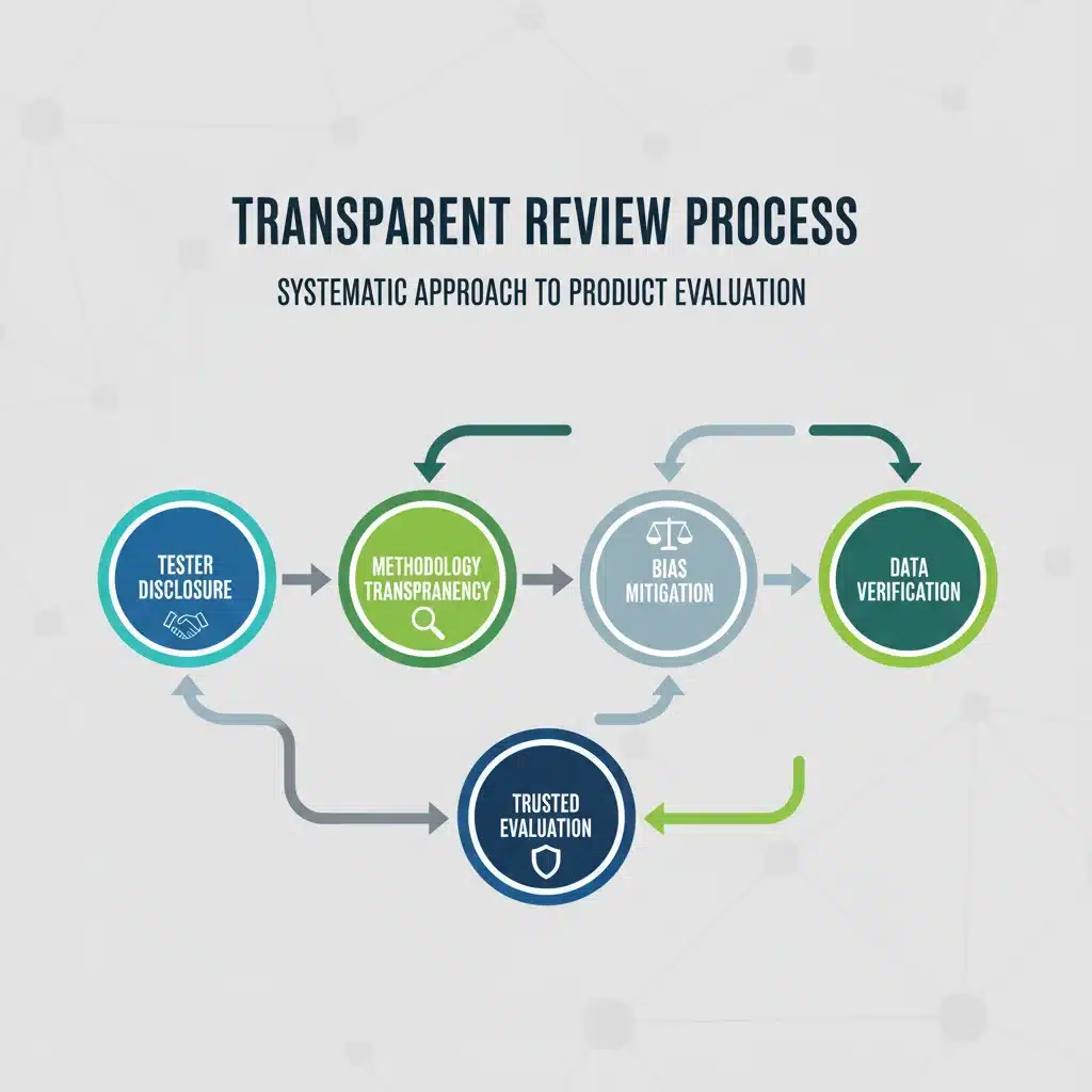 Infographic showing a transparent review process with nodes for disclosure, methodology, bias mitigation, and data verification.