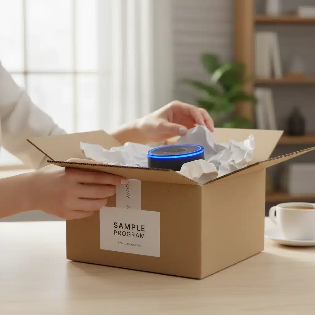Hands unboxing a new product for review, showcasing the excitement of product testing.