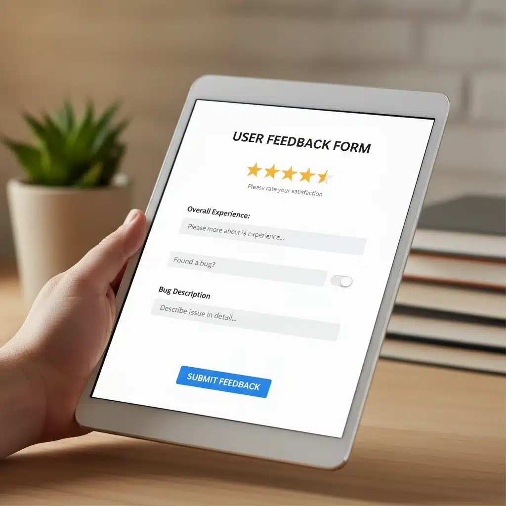 Hand interacting with a tablet displaying a product feedback form