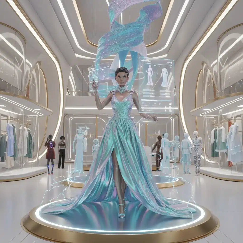 Avatar trying on virtual clothing in a metaverse boutique, showcasing immersive virtual try-ons.