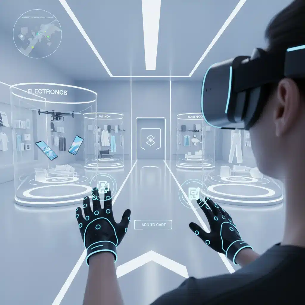 Person wearing VR headset exploring an immersive 3D virtual retail store, demonstrating future of online shopping.
