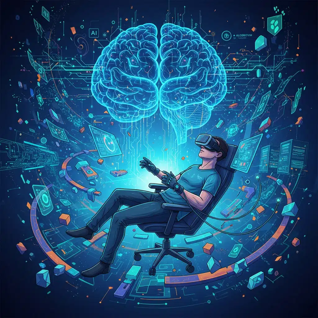 Human tester using VR goggles for virtual product testing with AI simulations