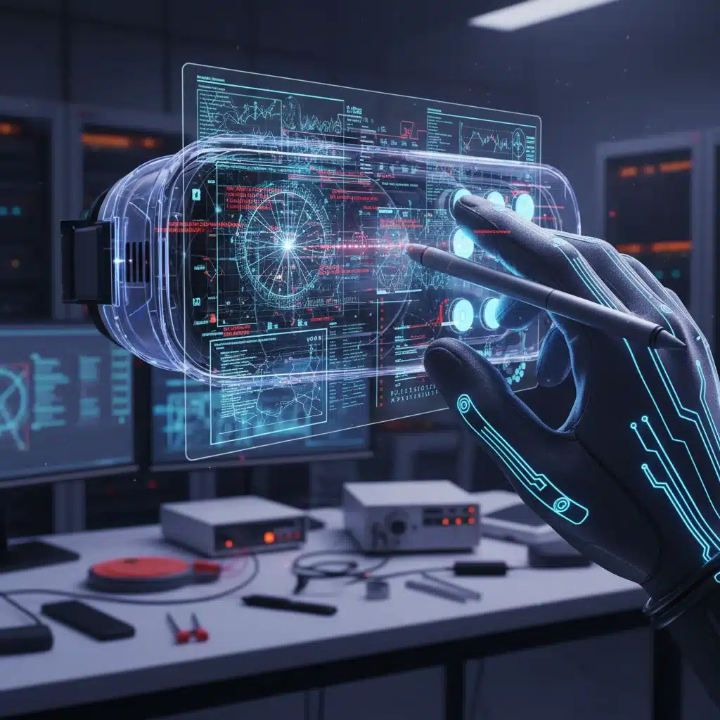 Hand interacting with virtual reality headset displaying complex data.