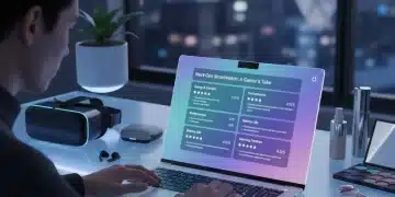 Person writing a detailed product review on a laptop with modern gadgets