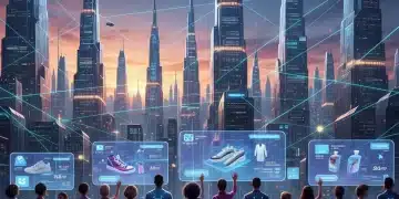 Futuristic digital city with holographic shopping interfaces representing global e-commerce growth.