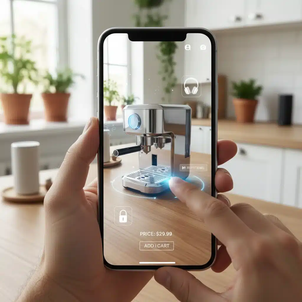 Augmented reality shopping experience on a smartphone, showcasing immersive product interaction.