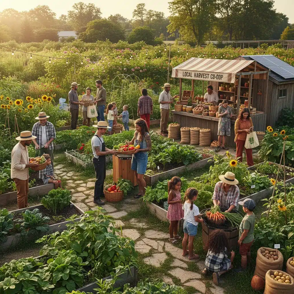 Diverse community members engaging in a vibrant local garden and market, representing hyper-local economy and community focus.