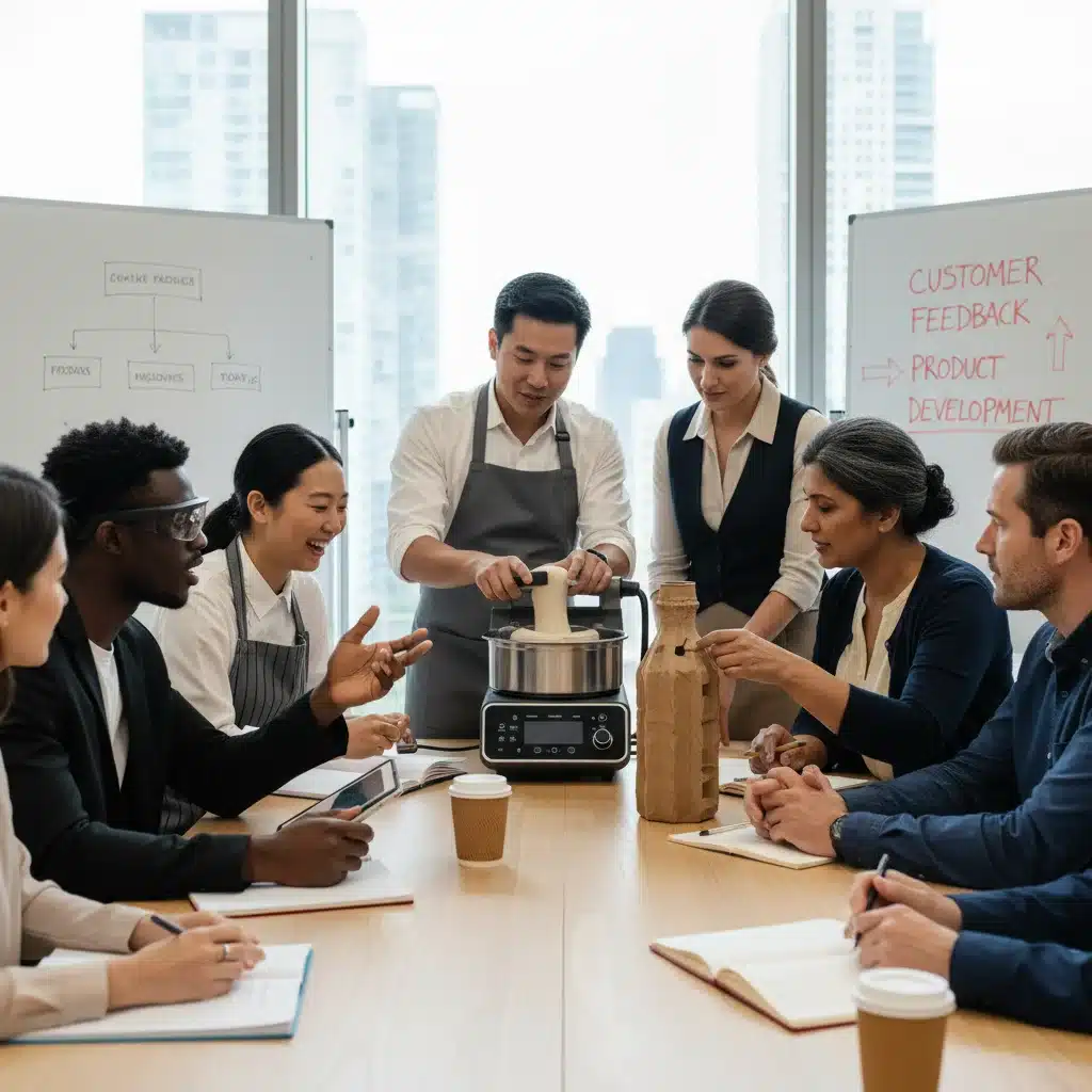Diverse consumers in a focus group providing feedback on various new products and sustainable packaging.