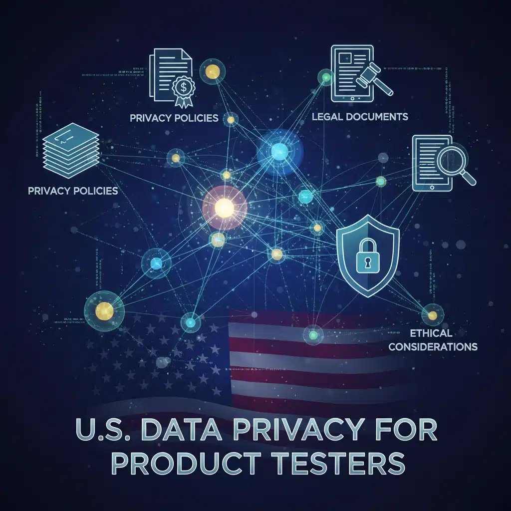 Network diagram illustrating data privacy laws and ethical considerations for U.S. product testers