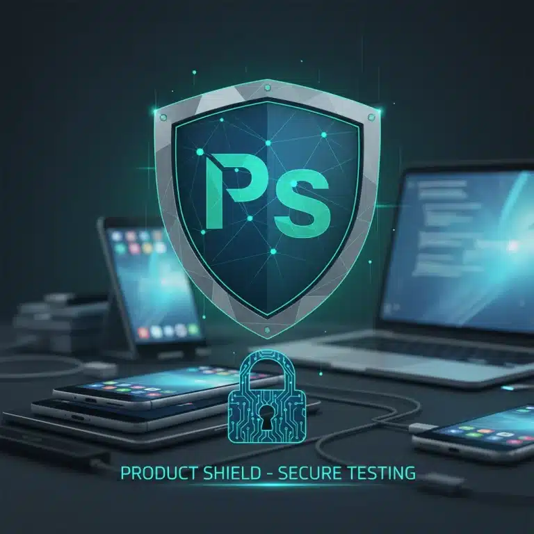 Digital shield protecting electronic devices, symbolizing product testing privacy and security