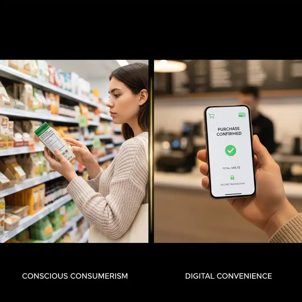Conscious consumer examining product labels and person making a mobile payment, symbolizing ethical shopping and digital convenience.