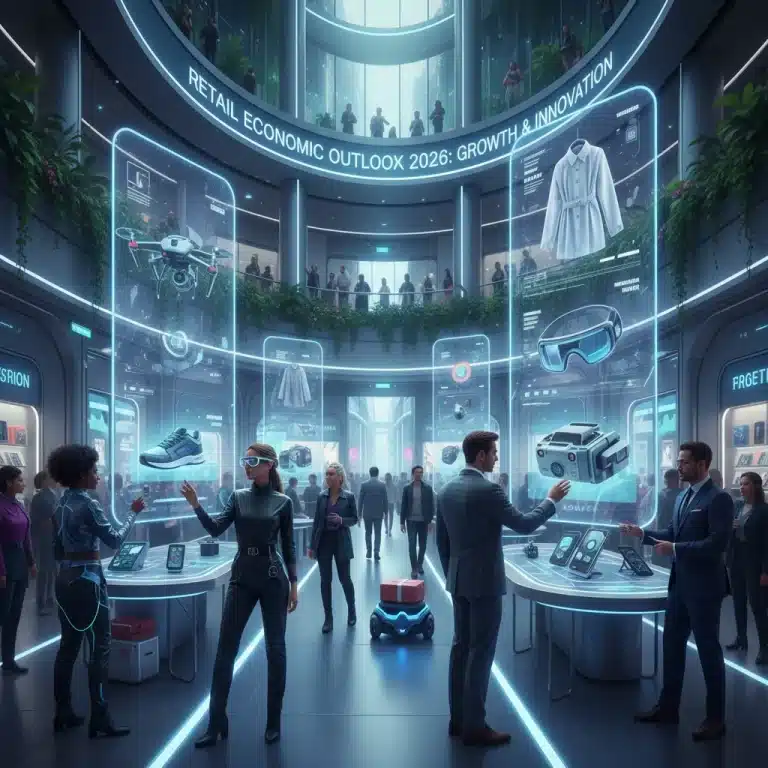 Futuristic shopping experience showing innovation and economic growth in retail 2026
