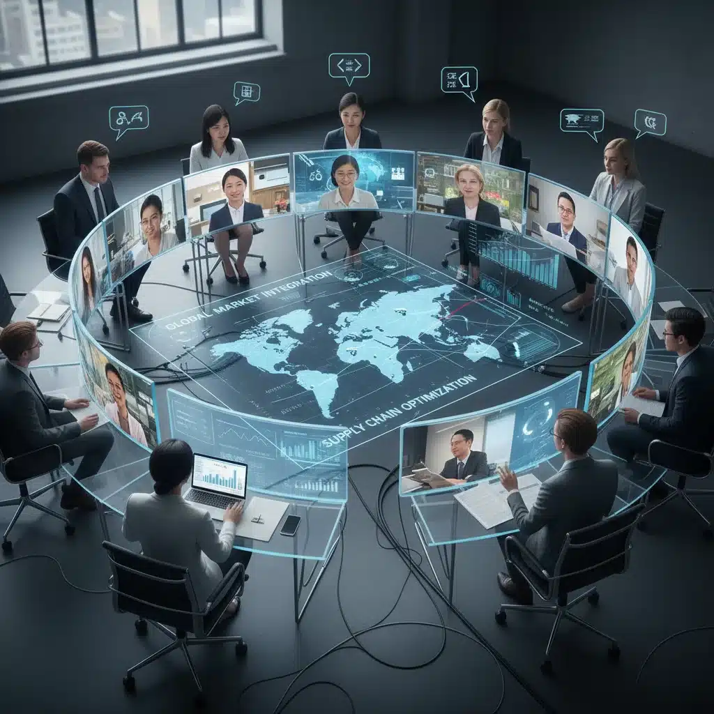 Global team collaborating virtually, displaying interconnected market data and logistics for e-commerce.