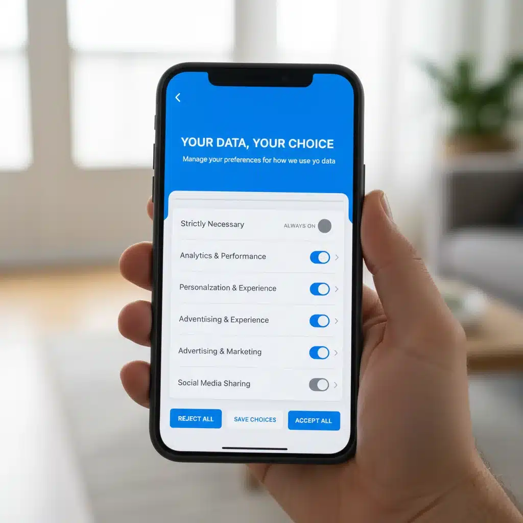 Smartphone showing cookie consent options for data sharing preferences