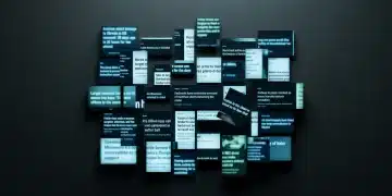 An abstract grid of fragmented digital news headlines and article snippets in cool blue and green tones, representing the chaotic and personalized nature of modern information consumption.