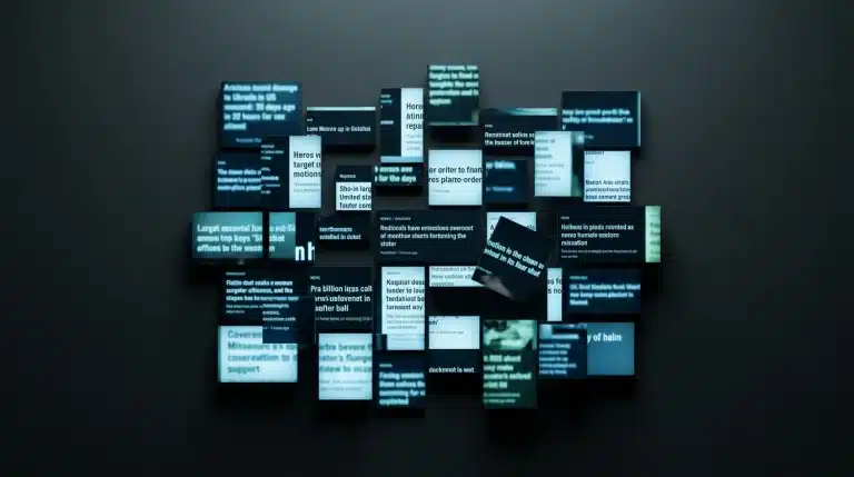 An abstract grid of fragmented digital news headlines and article snippets in cool blue and green tones, representing the chaotic and personalized nature of modern information consumption.
