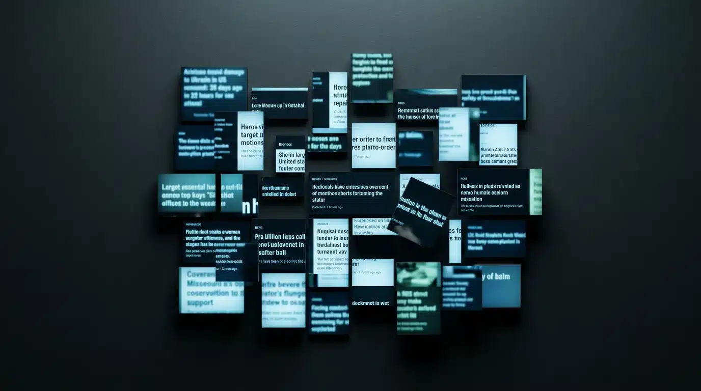 An abstract grid of fragmented digital news headlines and article snippets in cool blue and green tones, representing the chaotic and personalized nature of modern information consumption.