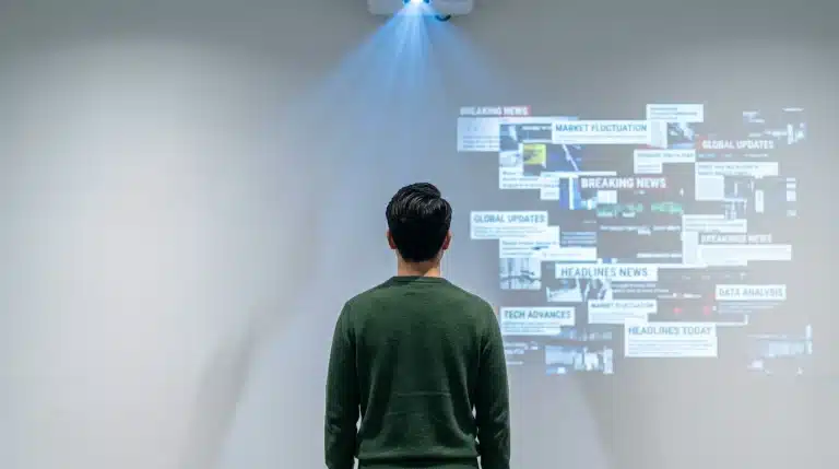 An individual in a green sweater, viewed from behind, analyzing fragmented digital news projections on a white wall, representing critical news consumption.