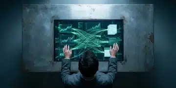 Professional overview of an individual analyzing a complex digital interface displaying interconnected streams of news, educational data, financial charts, and benefit information on a metal desk, under harsh overhead lighting.