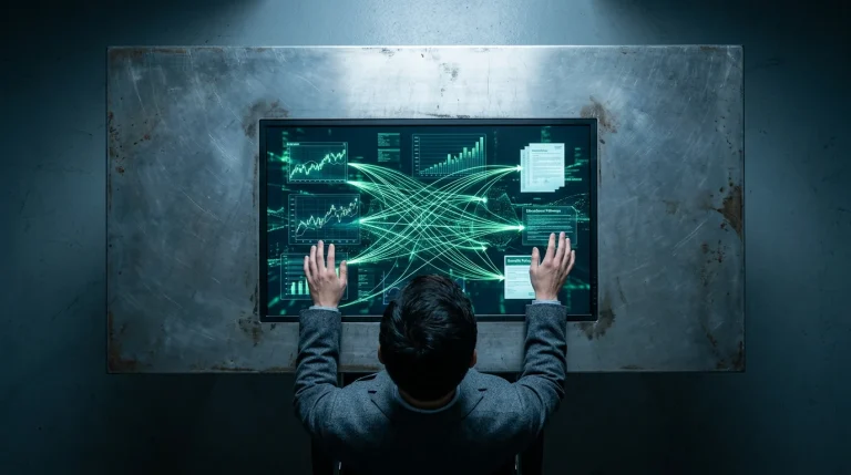 Professional overview of an individual analyzing a complex digital interface displaying interconnected streams of news, educational data, financial charts, and benefit information on a metal desk, under harsh overhead lighting.
