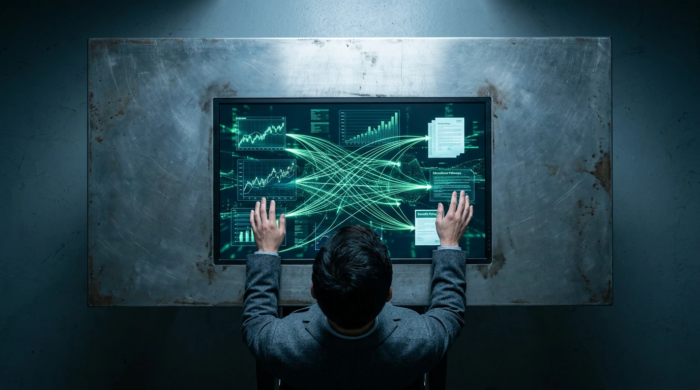 Professional overview of an individual analyzing a complex digital interface displaying interconnected streams of news, educational data, financial charts, and benefit information on a metal desk, under harsh overhead lighting.