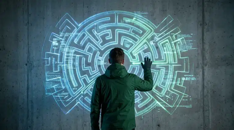 A person stands before a glowing, holographic digital maze, symbolizing the overwhelming challenge of navigating news and information in the digital age.