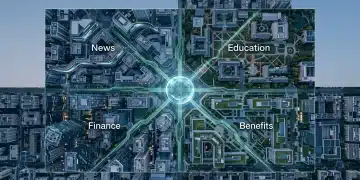 An aerial drone view of a city at twilight, showing interconnected districts for news, education, benefits, and finance linked by glowing green data pathways converging on a central sphere, symbolizing holistic management.