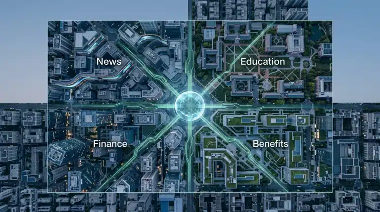 An aerial drone view of a city at twilight, showing interconnected districts for news, education, benefits, and finance linked by glowing green data pathways converging on a central sphere, symbolizing holistic management.