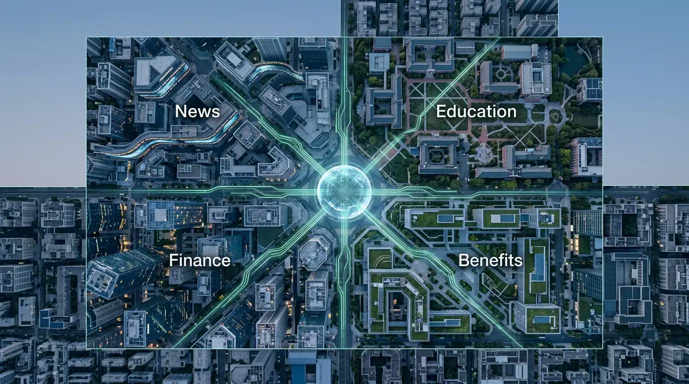 An aerial drone view of a city at twilight, showing interconnected districts for news, education, benefits, and finance linked by glowing green data pathways converging on a central sphere, symbolizing holistic management.