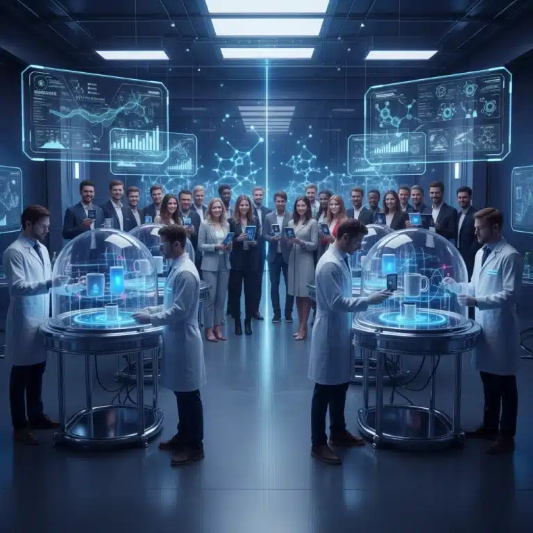 Scientists in a modern lab conducting advanced product testing with digital data, symbolizing innovation and consumer trust.