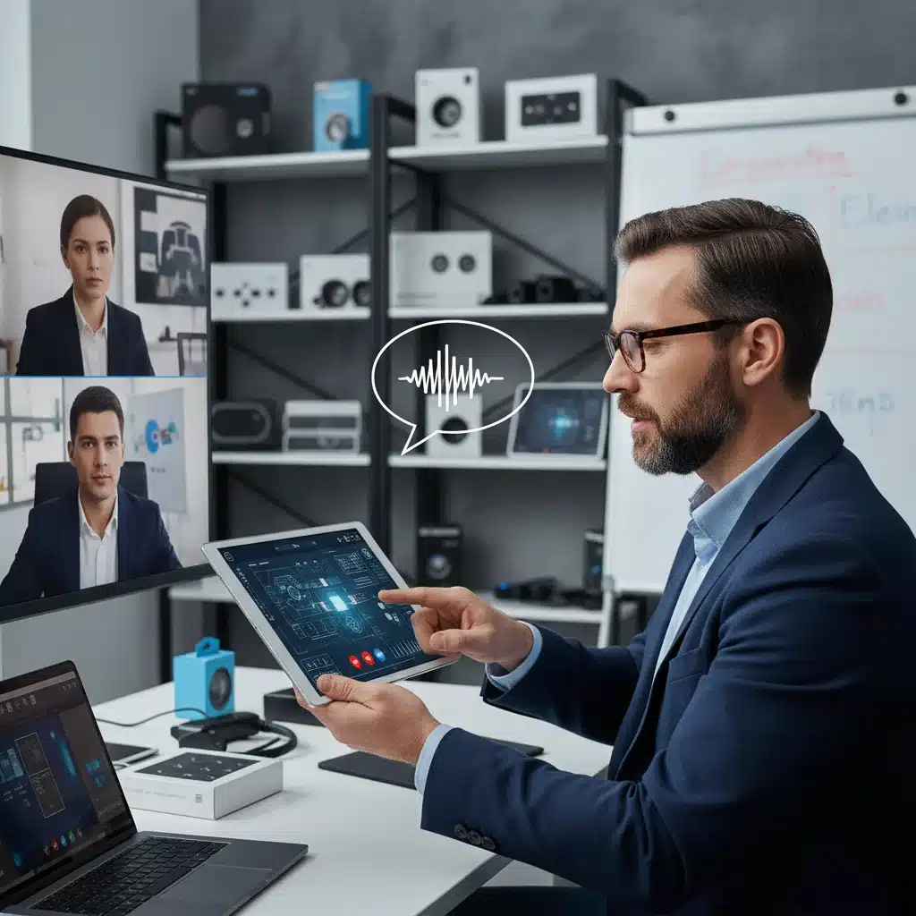 Product tester discussing feedback on a video call