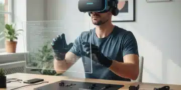 Person testing new technology product with focus