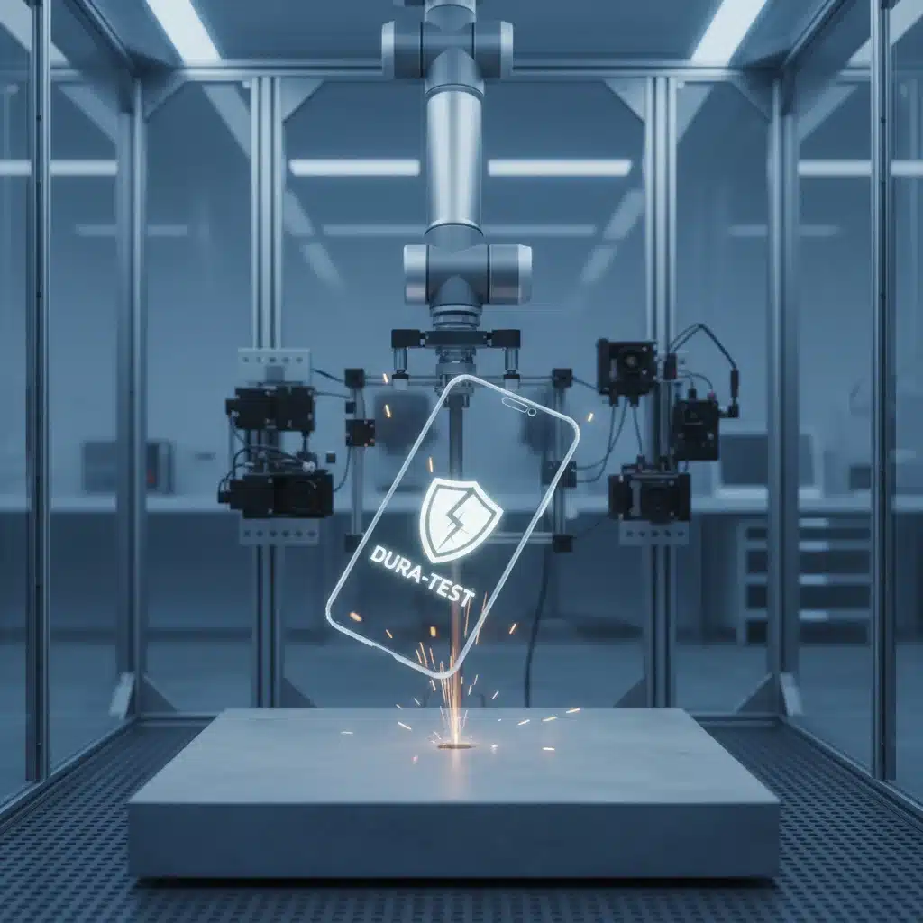 Robotic arm performing a smartphone drop test, showcasing durability and automated testing.
