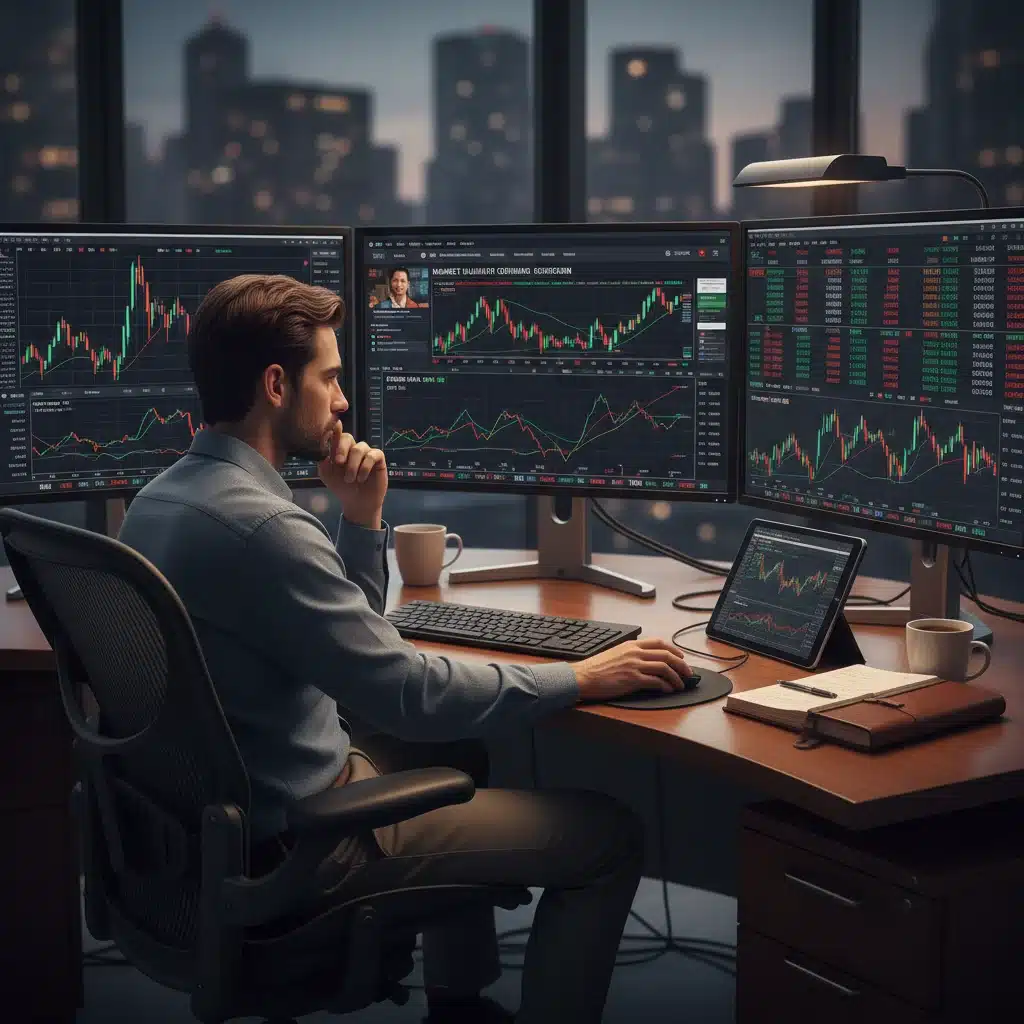 Investor analyzing financial data and market trends for strategic decisions.