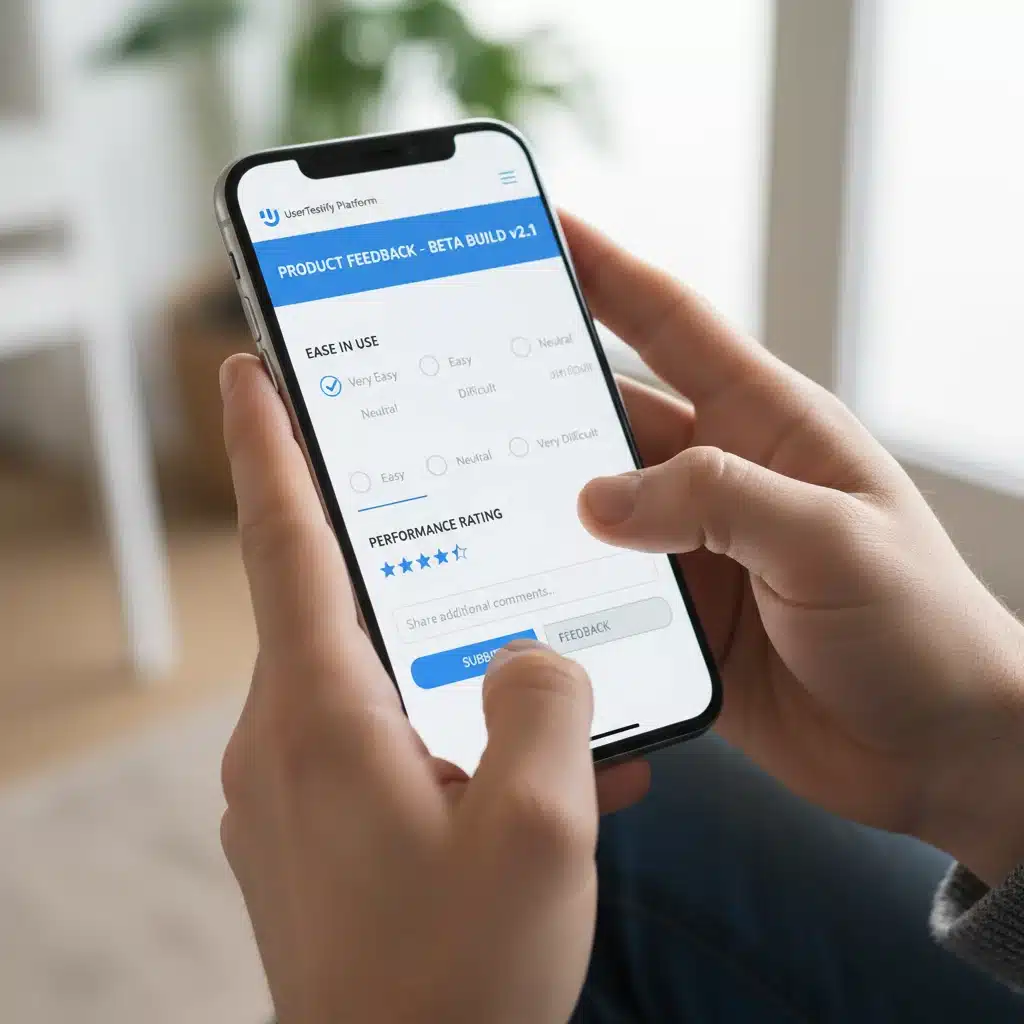 User interacting with product testing platform interface on smartphone