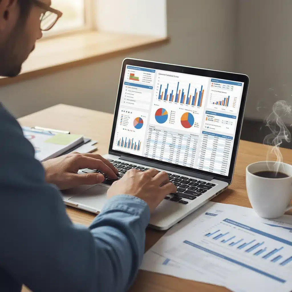 Detailed analysis of customer feedback on a laptop, showing review forms and data charts.
