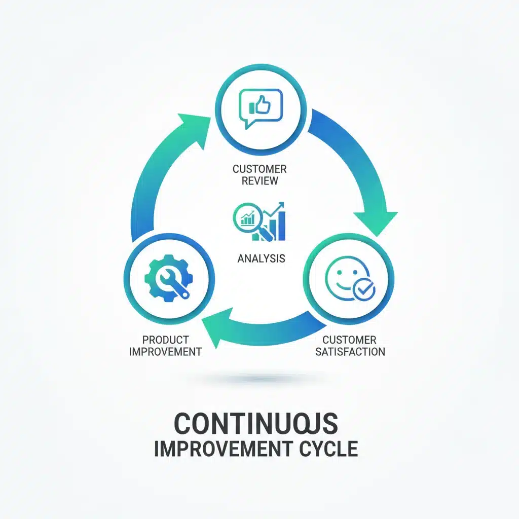 Diagram illustrating a continuous customer feedback loop, showing steps from review to improvement.