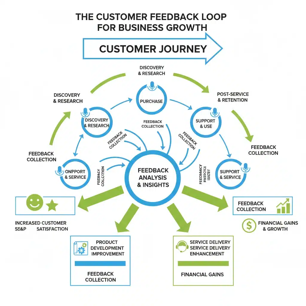 Infographic showing customer journey touchpoints and the feedback loop's impact on product improvement and financial returns.