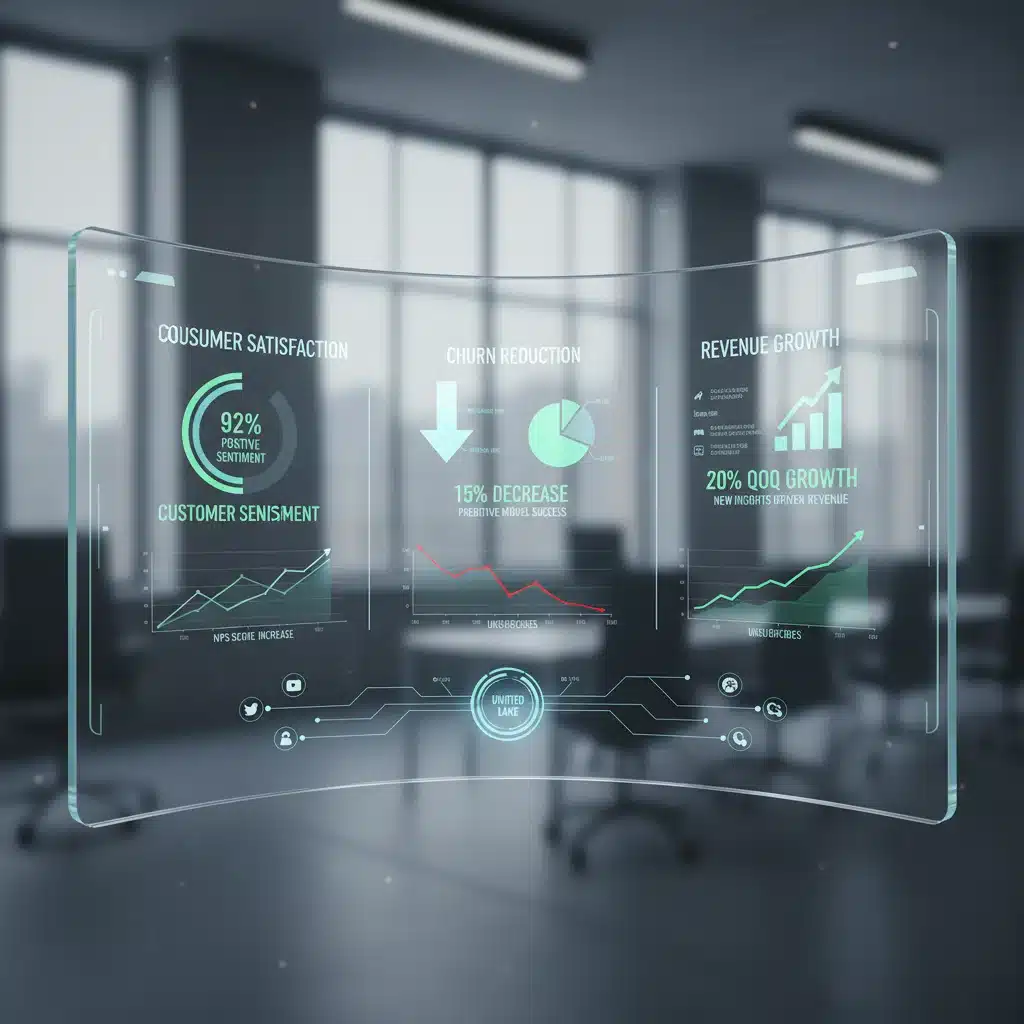 Data analytics dashboard showing KPIs like customer satisfaction, churn, and revenue growth driven by consumer feedback insights.