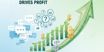 Financial charts and speech bubbles symbolizing the positive financial impact of consumer feedback programs for businesses.