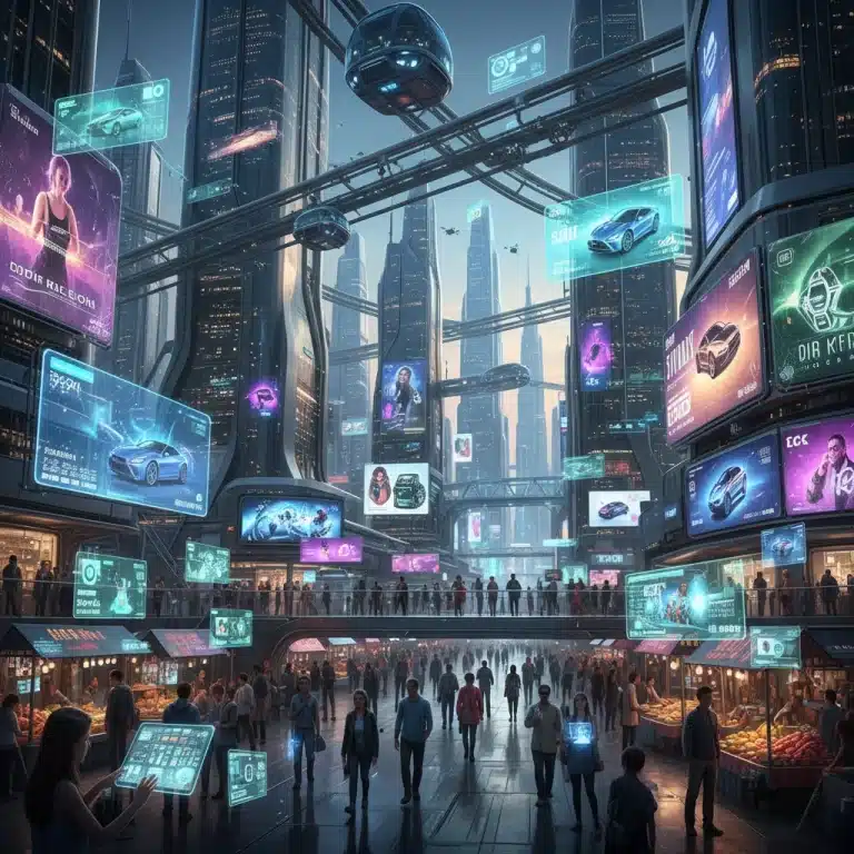 Futuristic cityscape with digital overlays, symbolizing advanced technology shaping consumer markets.